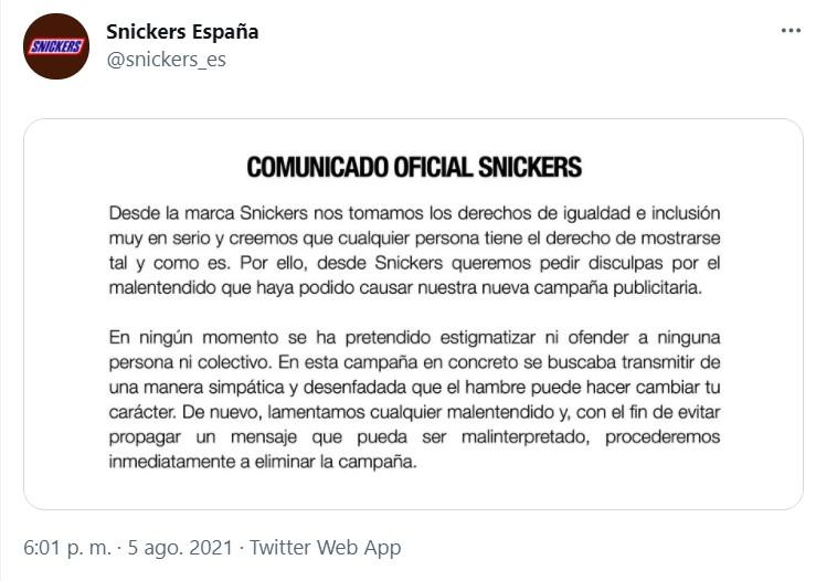 Comunicado de 'Snickers' Twitter Comunicado de 'Snickers' Twitter