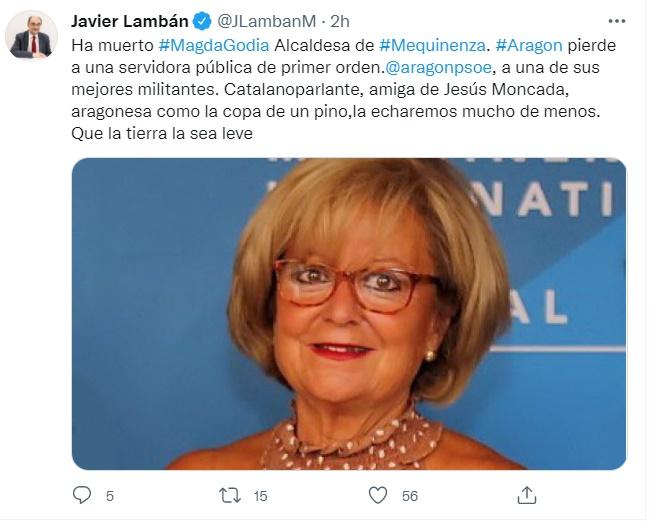 Mensaje de Javier Lambán sobre Magda Godia Mensaje de Javier Lambán sobre Magda Godia