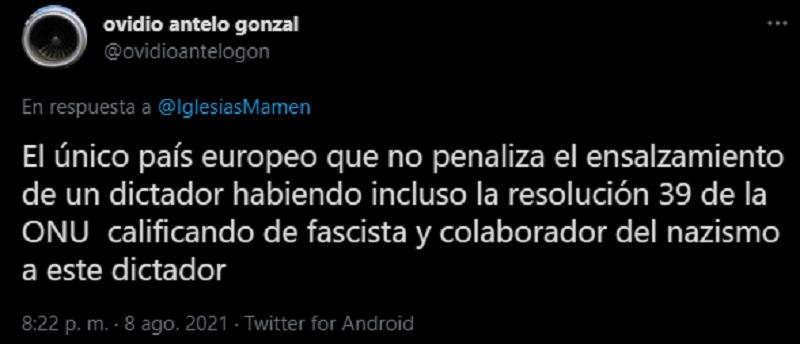 Un usuario recuerda que se sigue haciendo apología de la dictadura franquista