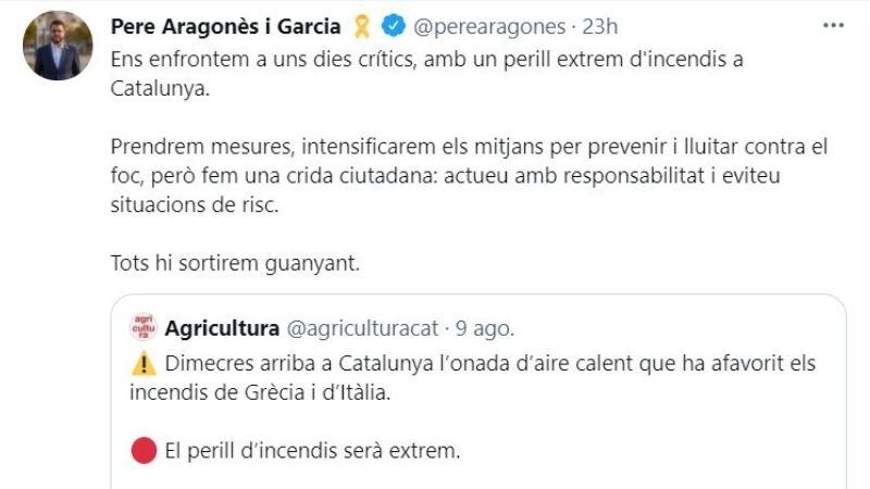 Pere Aragonés ante el riesgo de incendio en Cataluña - Twitter