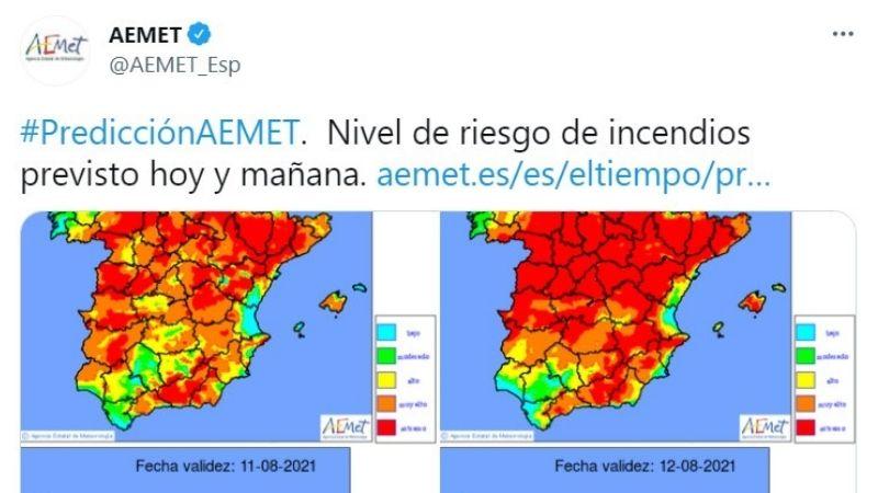 La AEMET alerta del riesgo extremo de incendio  - Twitter