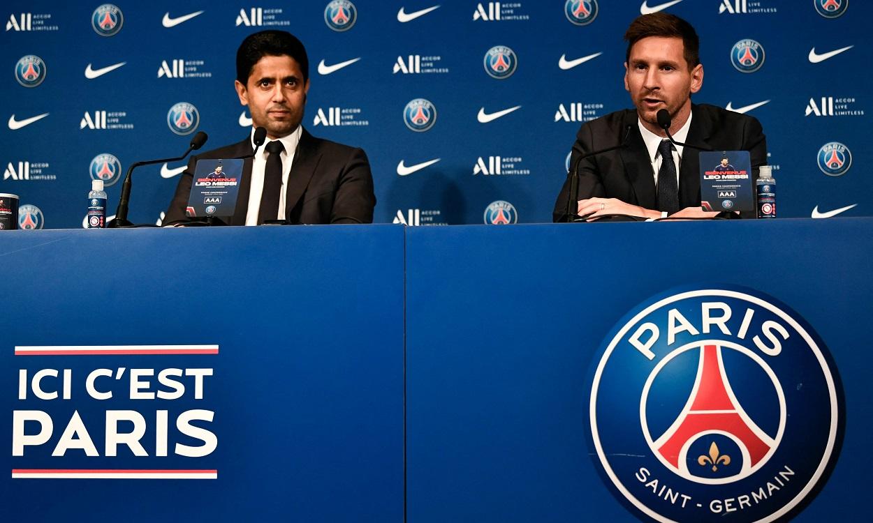 Leo Messi con el presidente del PSG, Nasser Al Khelaifi. Europa Press