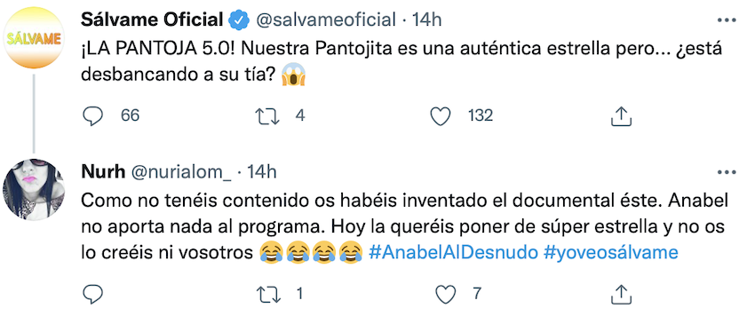 Tuit sobre el documental de Sálvame sobre Anabel Pantoja
