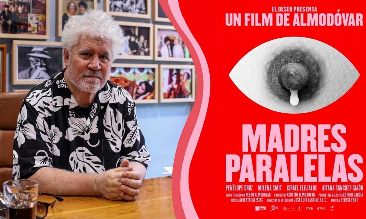 El director Pedro Almodóvar junto al cartel de Madres paralelas. RTVE