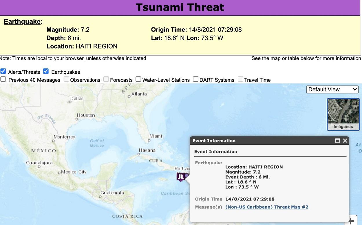 Alerta de tsunami emitida por la Administración Nacional de Océanos y Atmósfera de EEUU tras el terremoto de magnitud 7.2 registrado en Haití. Twitter