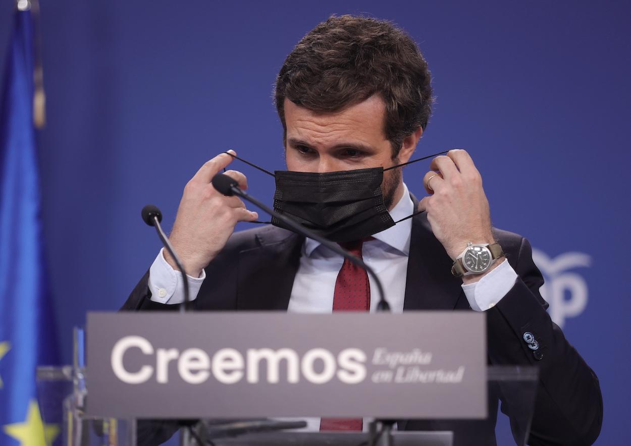 El presidente del PP, Pablo Casado, durante una rueda de prensa en la sede del partido, a 29 de julio de 2021, en Madrid (España)