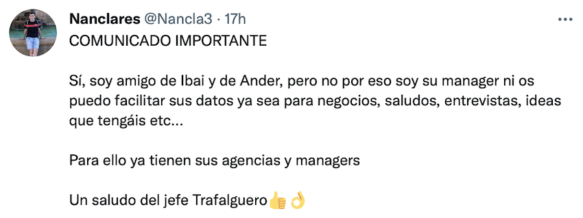 Comunicado de Nanclares sobre Ibai Llanos Comunicado de Nanclares sobre Ibai Llanos