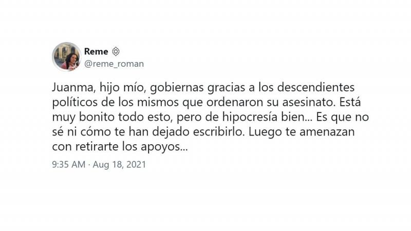 Mensaje de una tuitera contra las palabras de apoyo de Moreno Bonilla a Lorca. Twitter