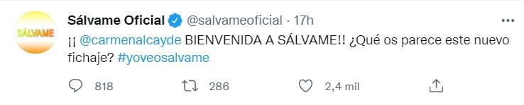 Tuit de 'Sálvame' anunciando el fichaje de Alcayde  - Twitter