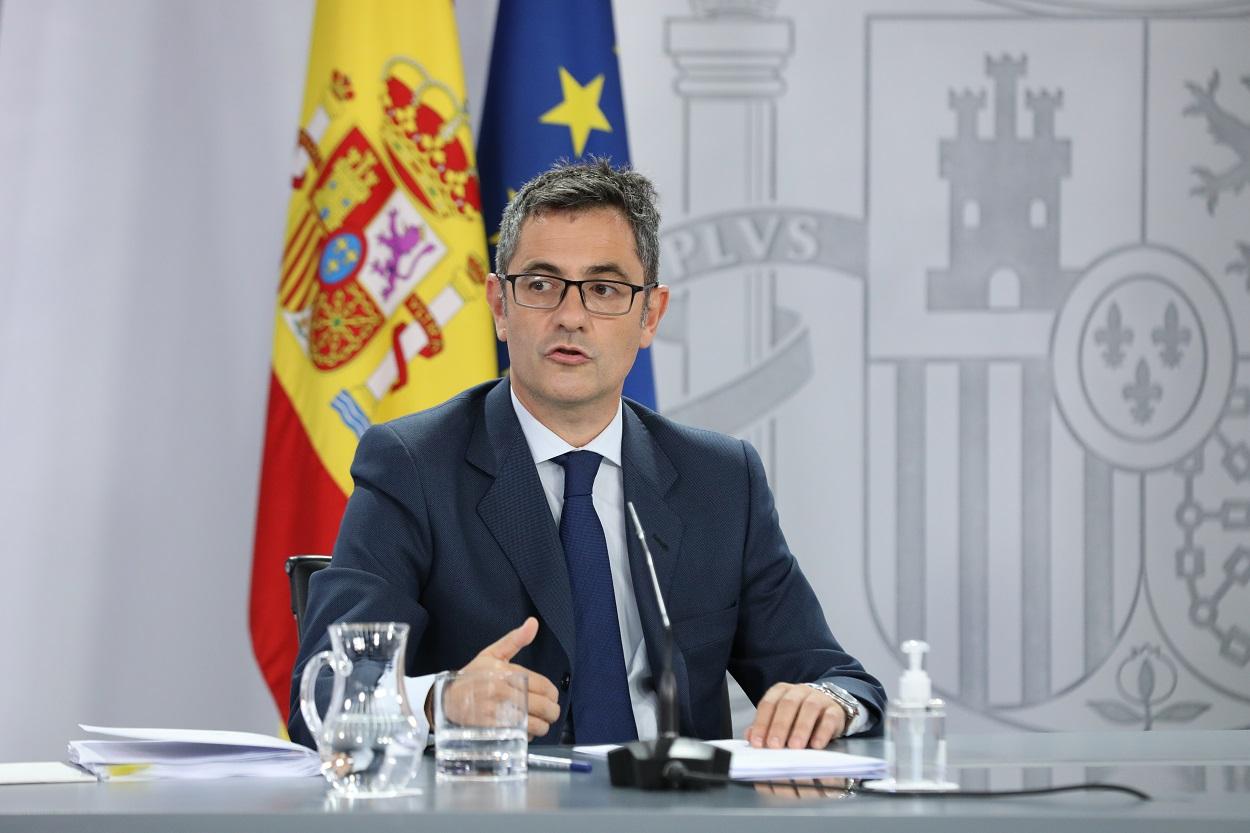 El ministro de la Presidencia, Relaciones con las Cortes y Memoria Democrática; Félix Bolaños, interviene en una rueda de prensa posterior al Consejo de Ministros. Europa Press