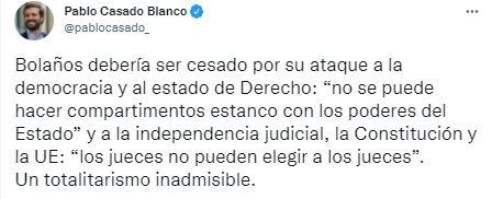 Tuit de Pablo Casado exigiendo el cese del ministro de Presidencia, Félix Bolaños