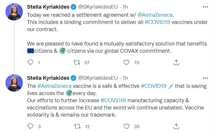 Stella Kyriakides sobre el acuerdo con AstraZeneca   Twitter