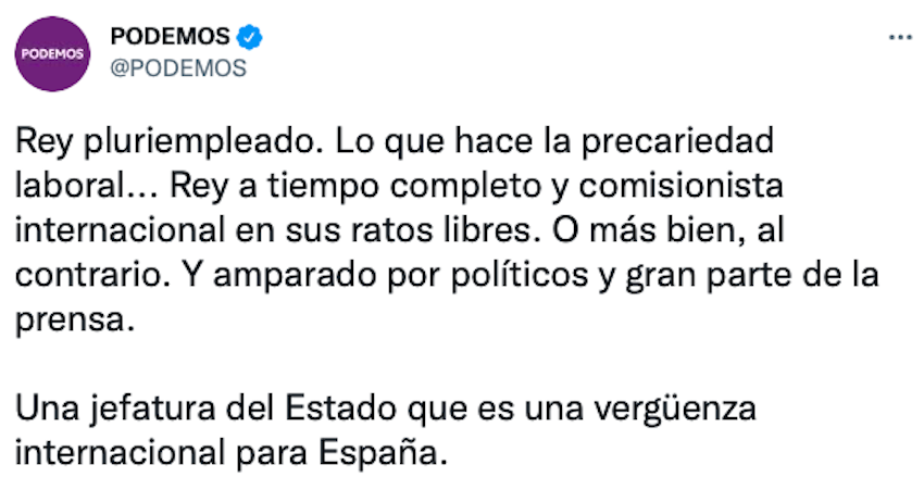 Captura del tuit de Podemos contra el Emérito