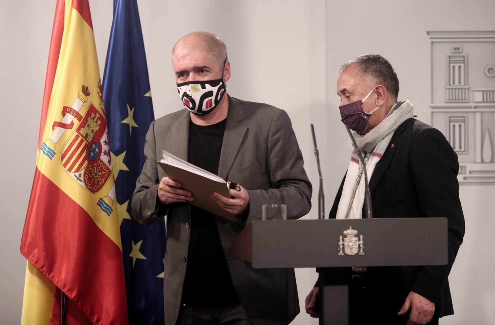 Los secretarios generales de CCOO y UGT, Unai Sordo y Pepe Álvarez, en una imagen de archivo. Fuente: Europa Press.