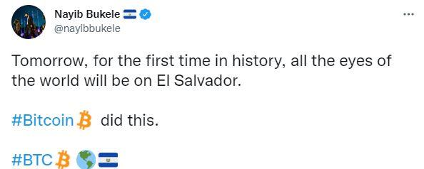 Tuit de Nayib Bukele, presidente de El Salvador, sobre la entrada del bitcoin en curso legal