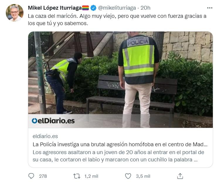 Mikel López Iturriaga sobre la agresión homófoba  - Twitter 
