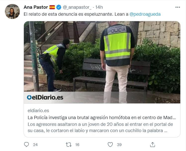 Ana Pastor sobre la agresión homófoba- Twitter Ana Pastor sobre la agresión homófoba- Twitter
