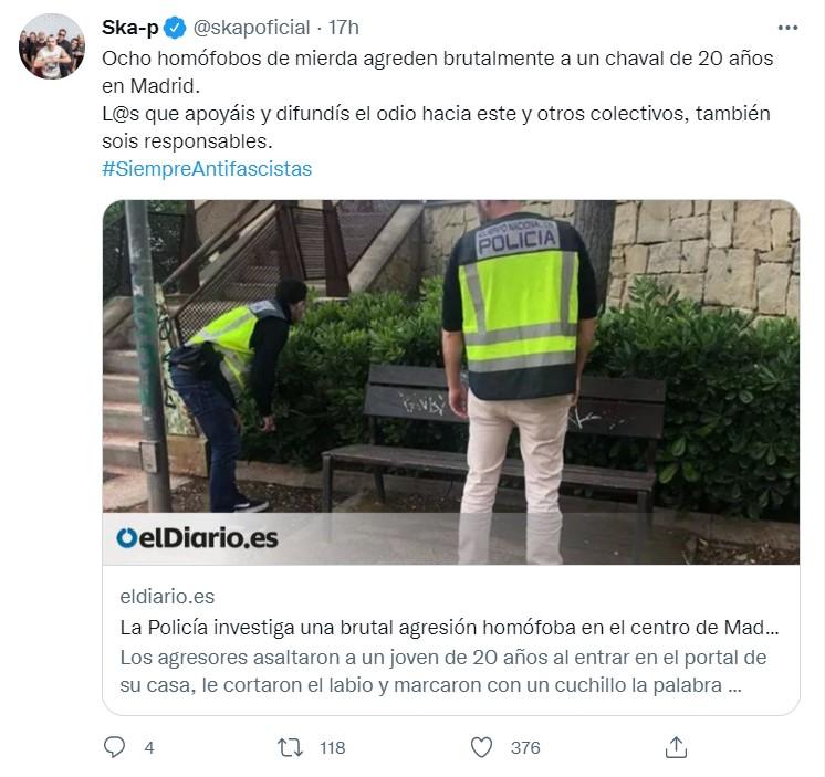 Ska P sobre la agresión homófoba- Twitter Ska P sobre la agresión homófoba- Twitter
