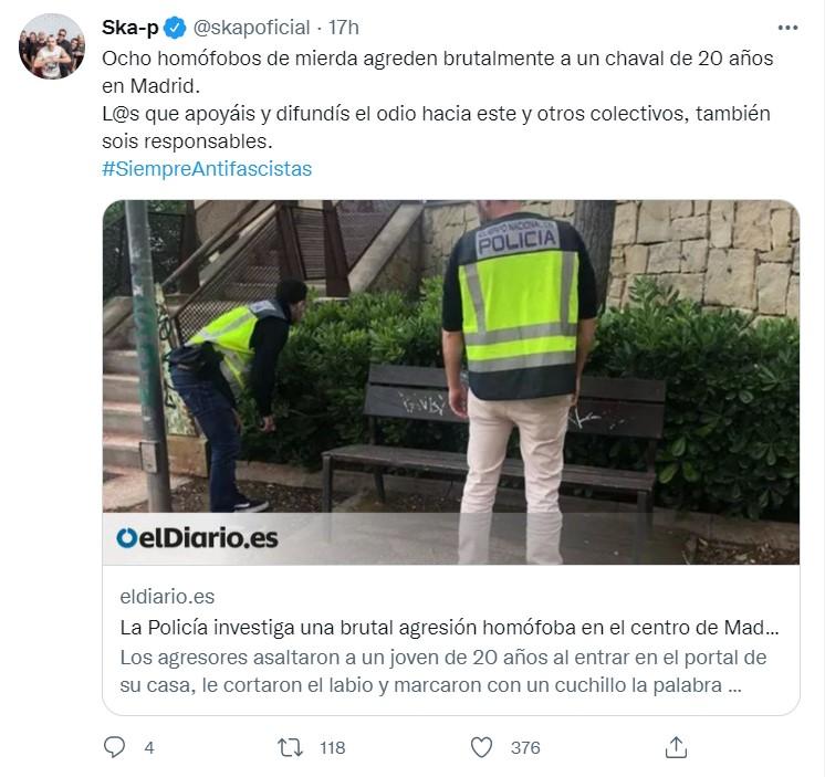 Ska P sobre la agresión homófoba  - Twitter 