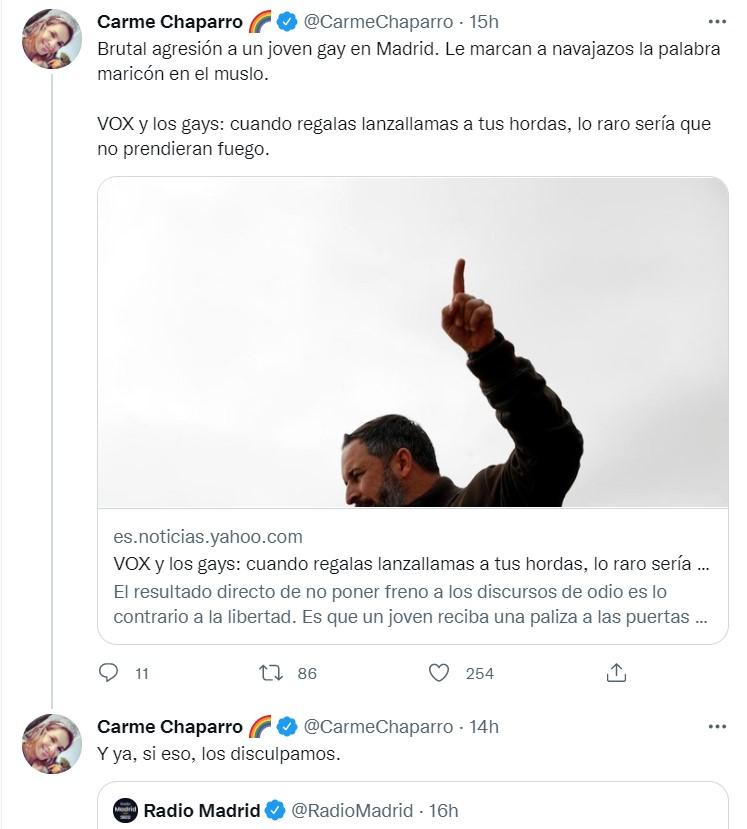 Carme Chaparro sobre la relación de Vox y las agresiones homófobas Twitter Carme Chaparro sobre la relación de Vox y las agresiones homófobas Twitter