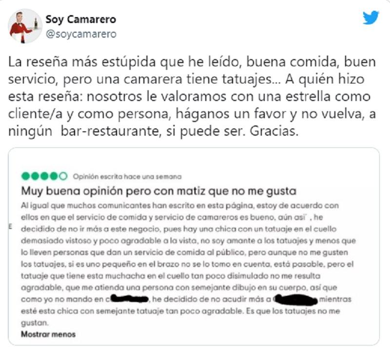 Crítica a TripAdvisor por comentarios sobre tatuajes de camareros