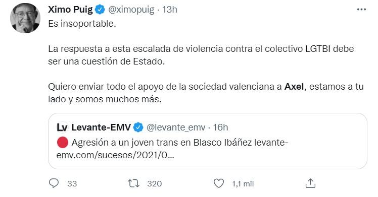 Ximo Puig condena el ataque homófobo Twitter