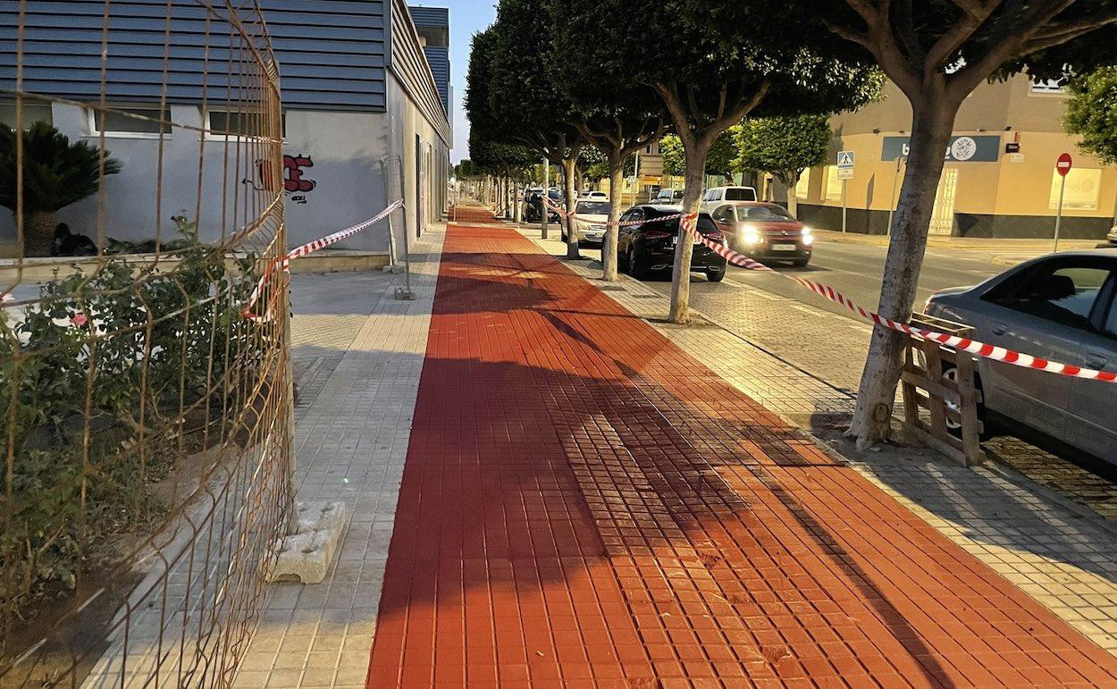 Carril bici 'low cost' en El Ejido, escoltado por aceras casi imposibles de transitar. TWITTER