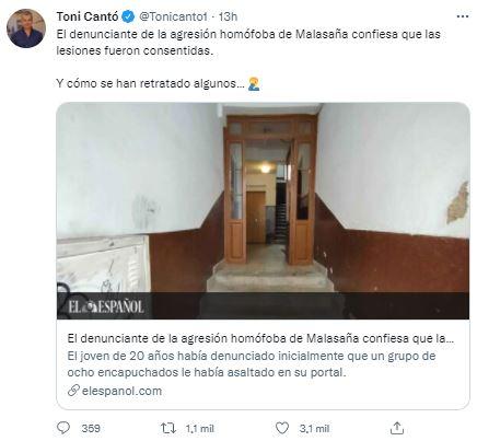El tuit de Toni Cantó tras la rectificación del joven de Malasaña