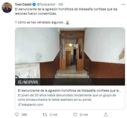 El tuit de Toni Cantó tras la rectificación del joven de Malasaña El tuit de Toni Cantó tras la rectificación del joven de Malasaña