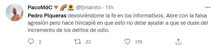 Aplauden a Pedro Piqueras por cómo ha contado que la agresión homófoba fue falsa  Twitter 2