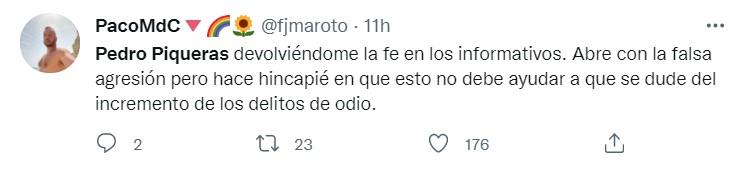 Aplauden a Pedro Piqueras por cómo ha contado que la agresión homófoba fue falsaTwitter 2 Aplauden a Pedro Piqueras por cómo ha contado que la agresión homófoba fue falsaTwitter 2