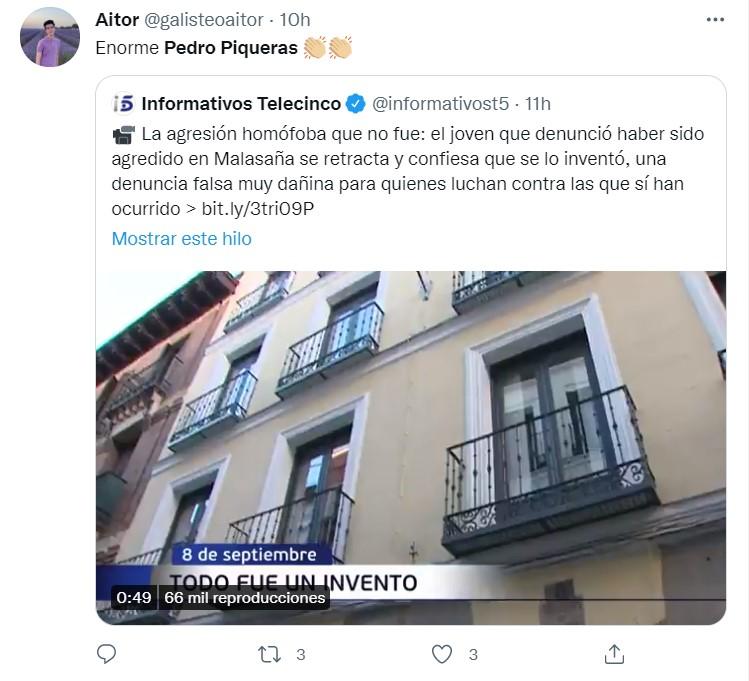 Aplauden a Pedro Piqueras por cómo ha contado que la agresión homófoba fue falsaTwitter 6 Aplauden a Pedro Piqueras por cómo ha contado que la agresión homófoba fue falsaTwitter 6