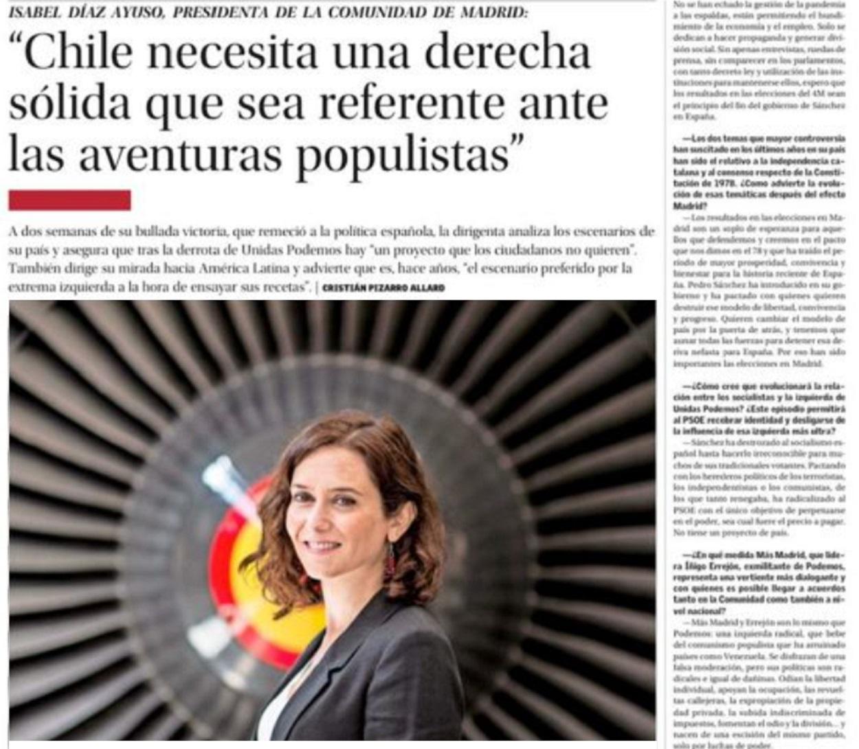 Extracto de la entrevista de Ayuso en El Mercurio, en Chile.