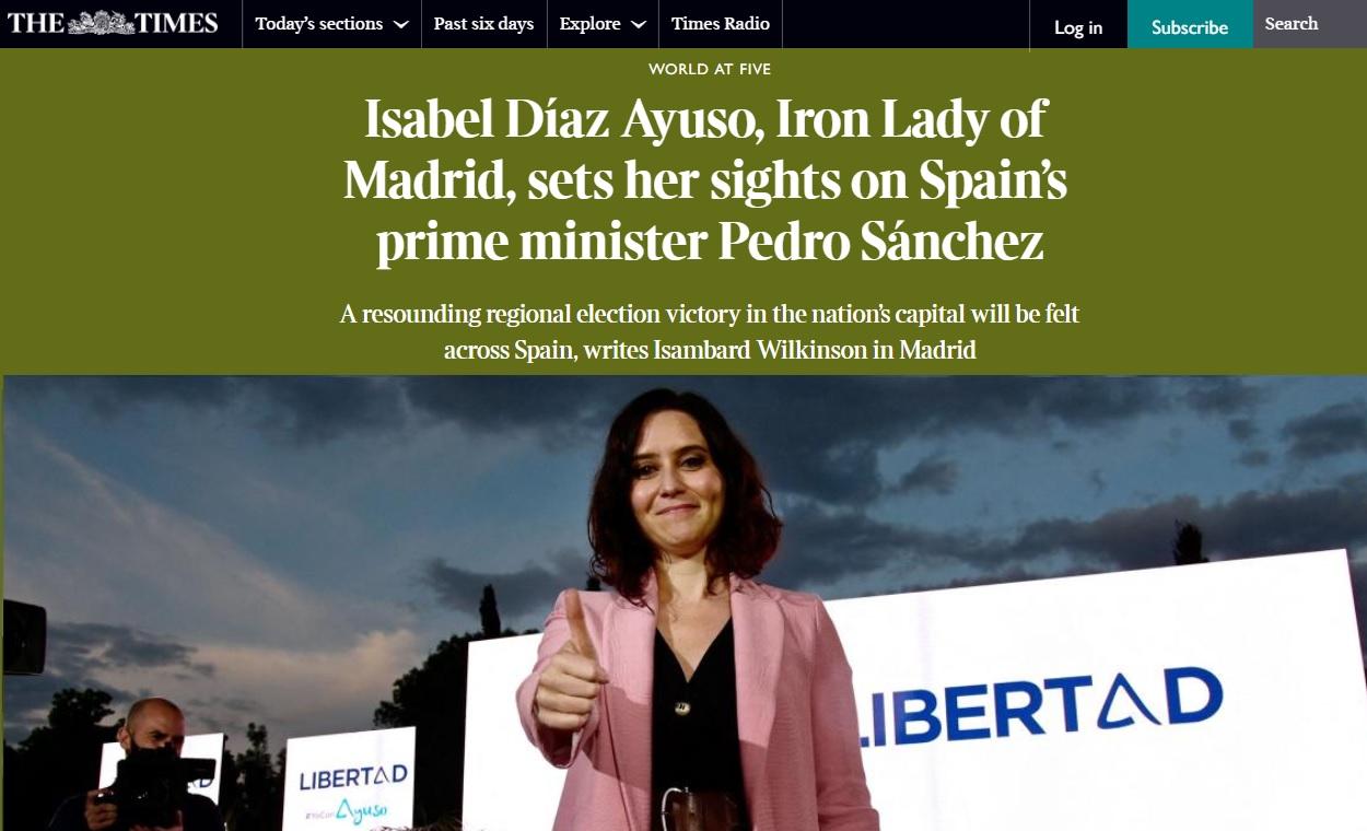 Captura de la publicación sobre Ayuso del diario The Times Captura de la publicación sobre Ayuso del diario The Times