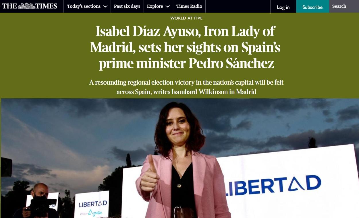 Captura de la publicación sobre Ayuso del diario The Times