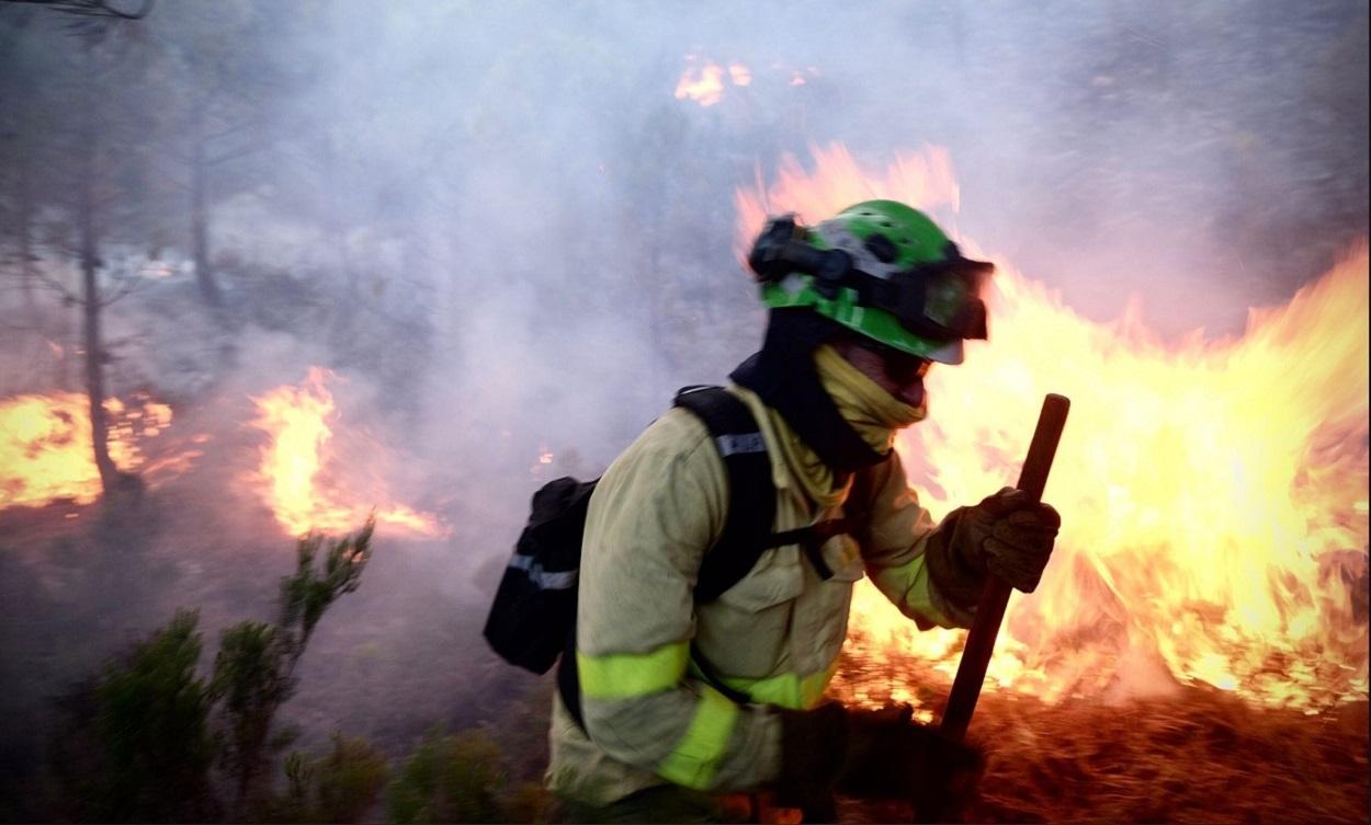 Un bombero lucha contra las llamas del incendio forestal declarado el pasado jueves 8 de septiembre en Sierra Bermeja. EP