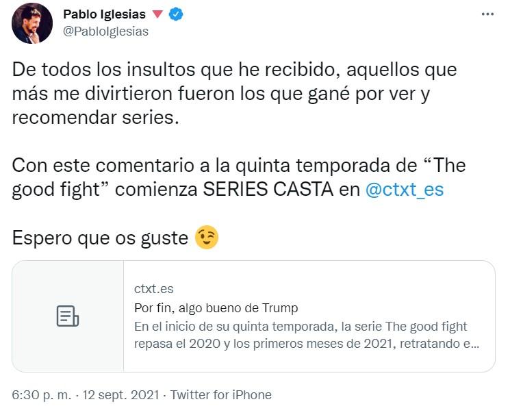 Pablo Iglesias comparte su primer artículo en CTXT   Twitter