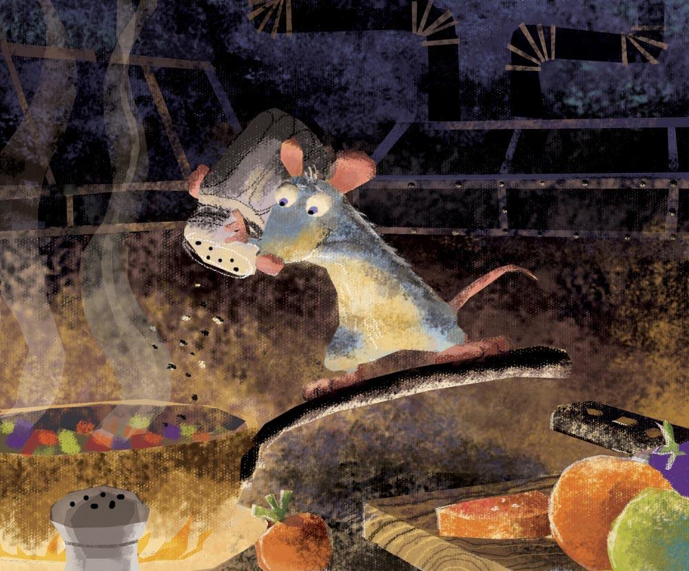 Harley Jessup, layout de Enrico Casarosa. Estudio de paleta de color: Remy prepara una ratatouille. Ratatouille, 2007. Pintura digital. © Pixar. Harley Jessup, layout de Enrico Casarosa. Estudio de paleta de color: Remy prepara una ratatouille. Ratatouille, 2007. Pintura digital. © Pixar.