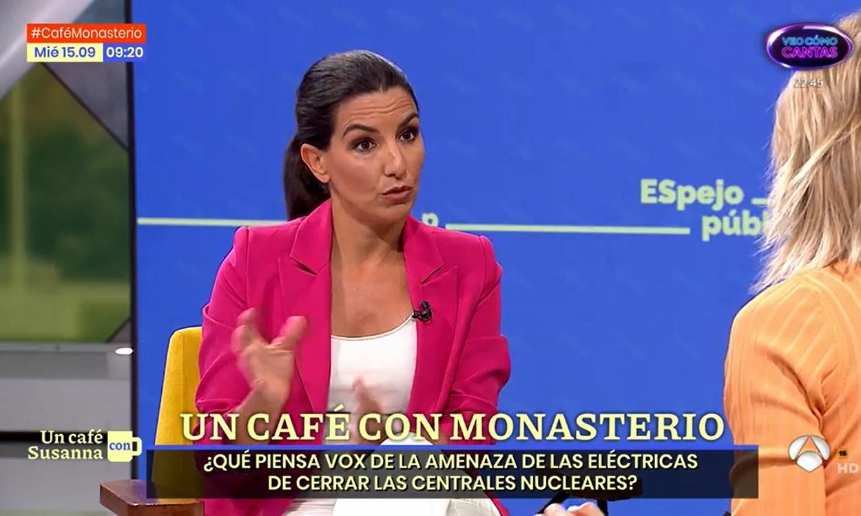 La portavoz de Vox en la Asamblea de Madrid, Rocío Monasterio, durante una entrevista con Susanna Griso. Atresmedia