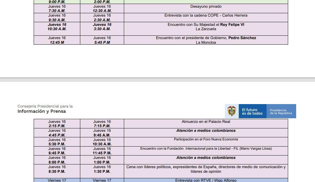 Agenda oficial del presidente de Colombia, Iván Duque, para el jueves 16, donde no se inclulye a Pablo Casado. Agenda oficial del presidente de Colombia, Iván Duque, para el jueves 16, donde no se inclulye a Pablo Casado.