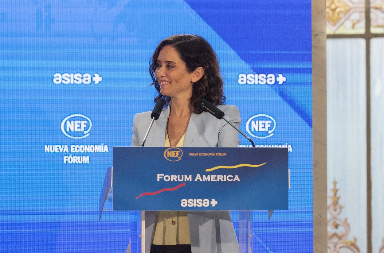 La presidenta de la Comunidad de Madrid, Isabel Díaz Ayuso, interviene en un encuentro de Fórum América. EP