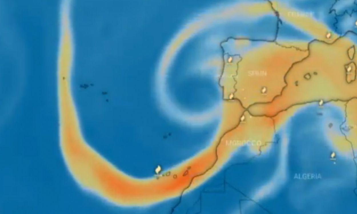 Previsualización de la nube de dióxido de azufre que se acerca a la Península. Copernicus UE Twitter.