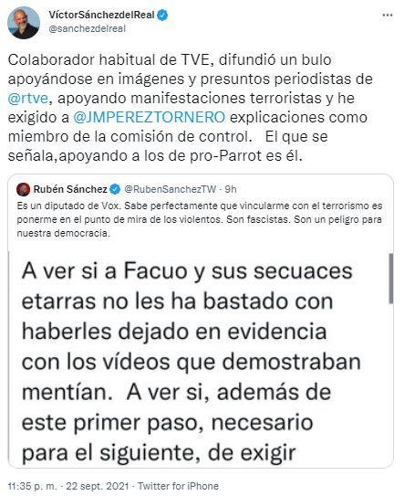 Tuit de respuesta de Víctor Sánchez del Real a Rubén Sánchez