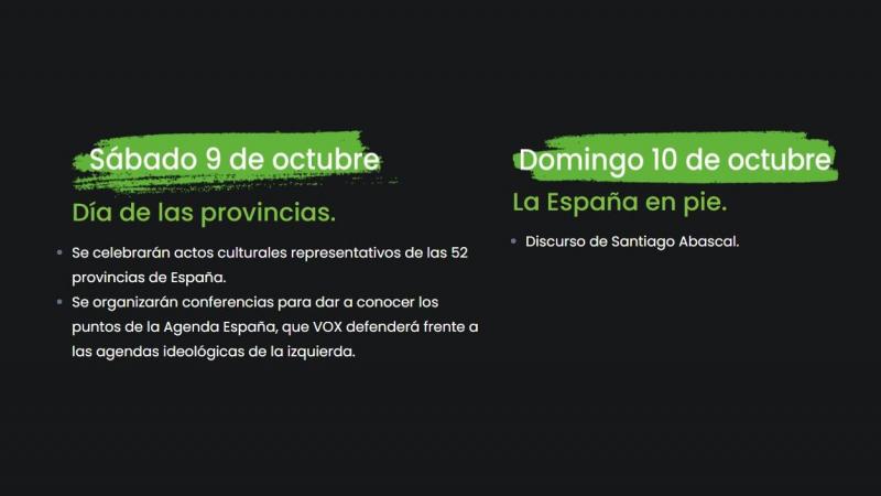 Calendario del acto Viva 21 de Vox los días 9 y 10 de octubre. Web España en pie