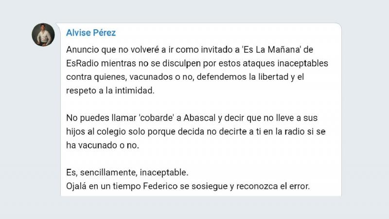 Alvise ataca a Losantos y defiende el respeto a la intimidad. Telegram