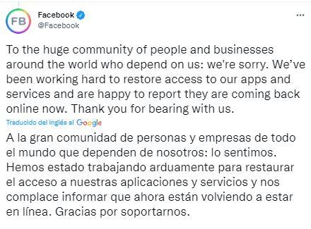 Facebook anuncia el restablecimiento de sus servicios