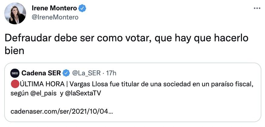 Tuit de Irene Montero sobre Vargas Llosa