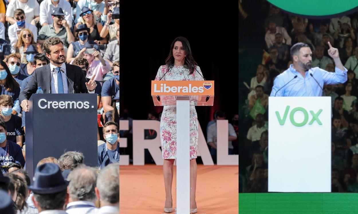 Pablo Casado, líder del PP; Inés Arrimadas, de C's, y Santiago Abascal, de Vox. Elaboración propia
