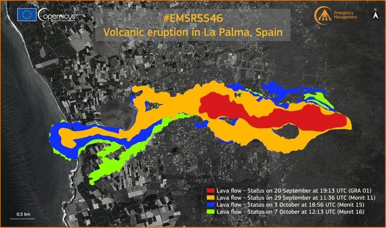 Imagen del último mapeado de Copernicus de la lava del volcán de La Palma