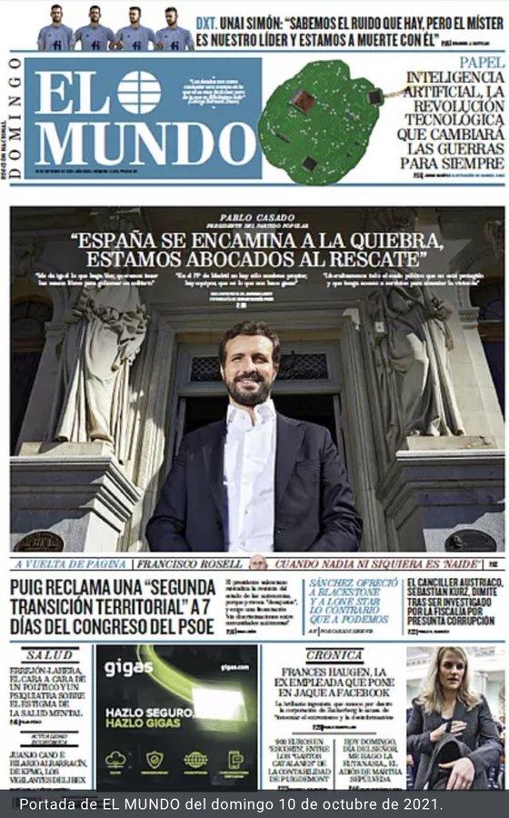 Portada de El Mundo con Pablo Casado asegurando que España está en quiebra